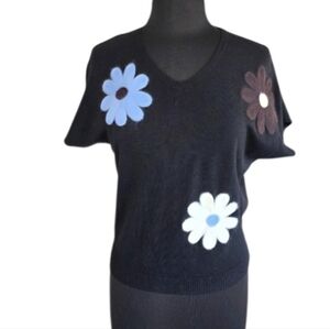 Aaeda XS Flower Power Knit Short Sleeve Sweater Floral Embellished Black Top